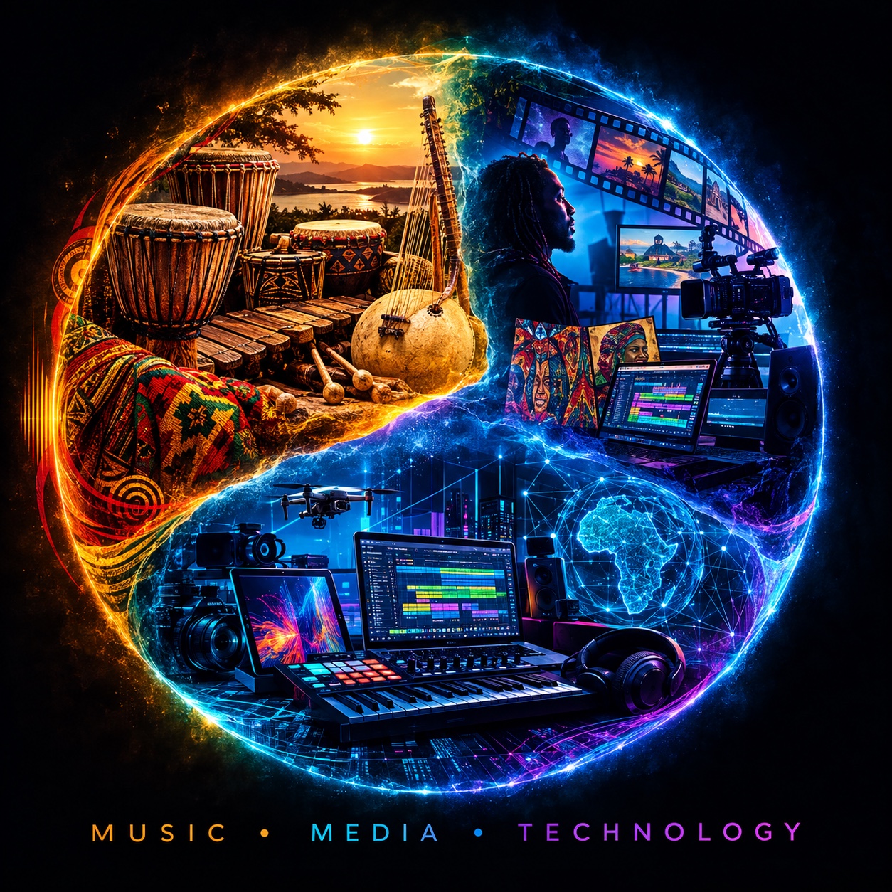 Circular Music, Media and Technology composite blending African drums, kora and balafon with cameras, drones, DAWs, keyboards and a glowing digital map of Africa