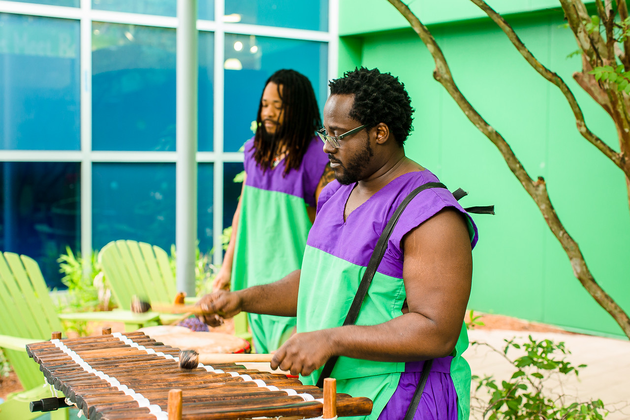 Baba Eddie playing balafon with mallets alongside another performer in matching purple and green tunics